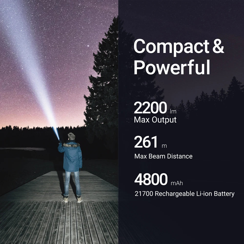 2200 Lumens Rechargeable LED Flashlight with 21700 Battery & USB Charging