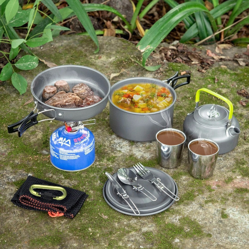 1 Set Outdoor Pots Pans Camping Cookware Picnic Cooking Set Non-stick Tableware  With Foldable Spoon