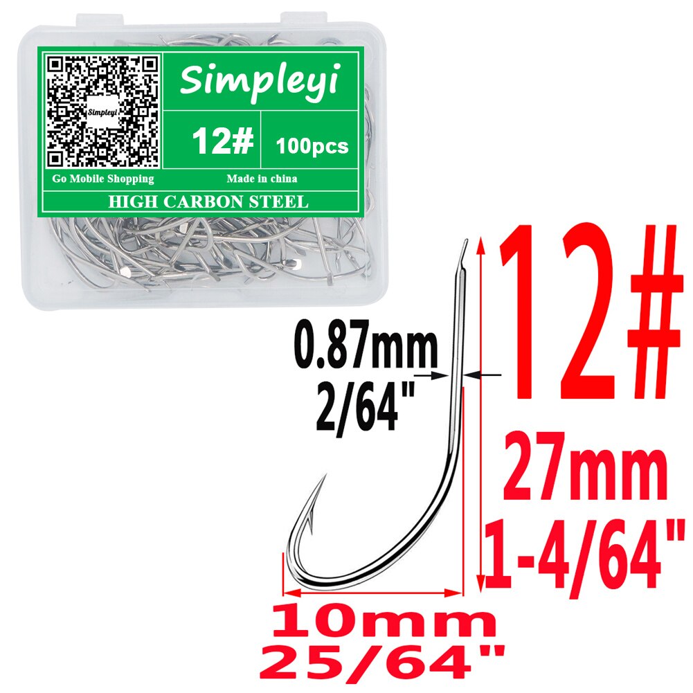 100pcs/box 1-14# High Carbon Steel Crooked Barbed Fishhook Black Flat Carp Fishing Hooks Set Accessories Tool Fish Tackle