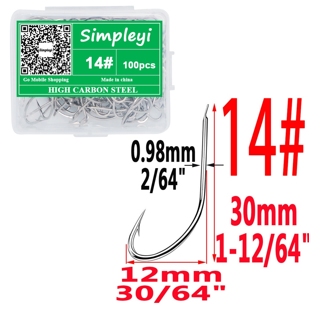 100pcs/box 1-14# High Carbon Steel Crooked Barbed Fishhook Black Flat Carp Fishing Hooks Set Accessories Tool Fish Tackle