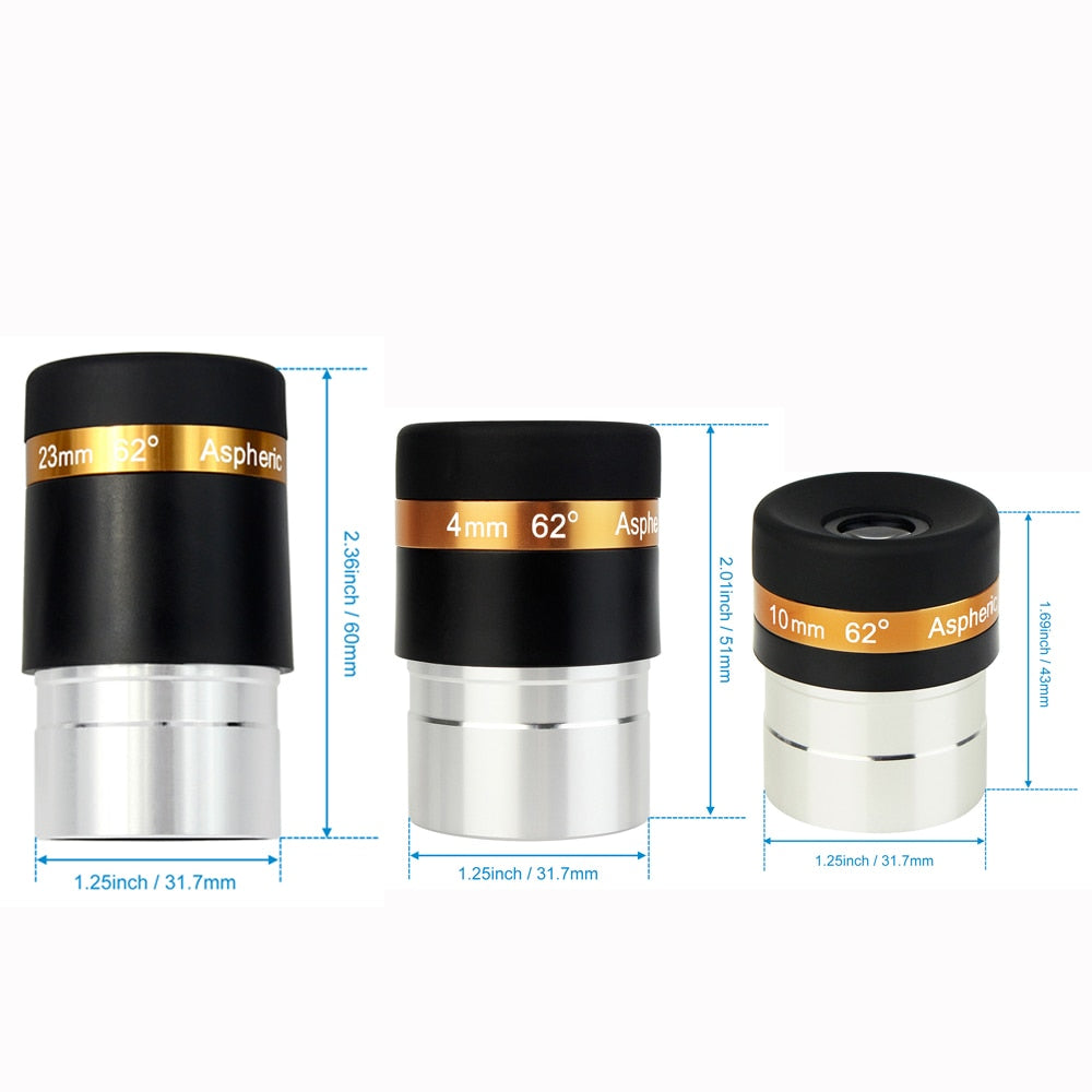 3pcs 1.25" Aspheric Eyepiece Telescope HD Wide Angle 62 De 4/10/23mm Fully Coated