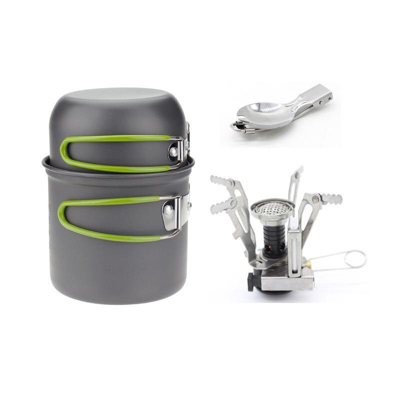 Aluminum Alloy Camping Pot Hiking Picnic Tourist Tableware Set With Folding Spoon Mini Gas Stove