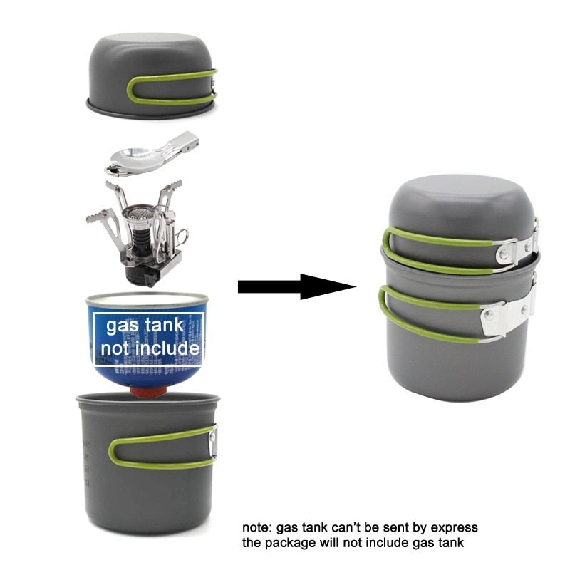 Aluminum Alloy Camping Pot Hiking Picnic Tourist Tableware Set With Folding Spoon Mini Gas Stove