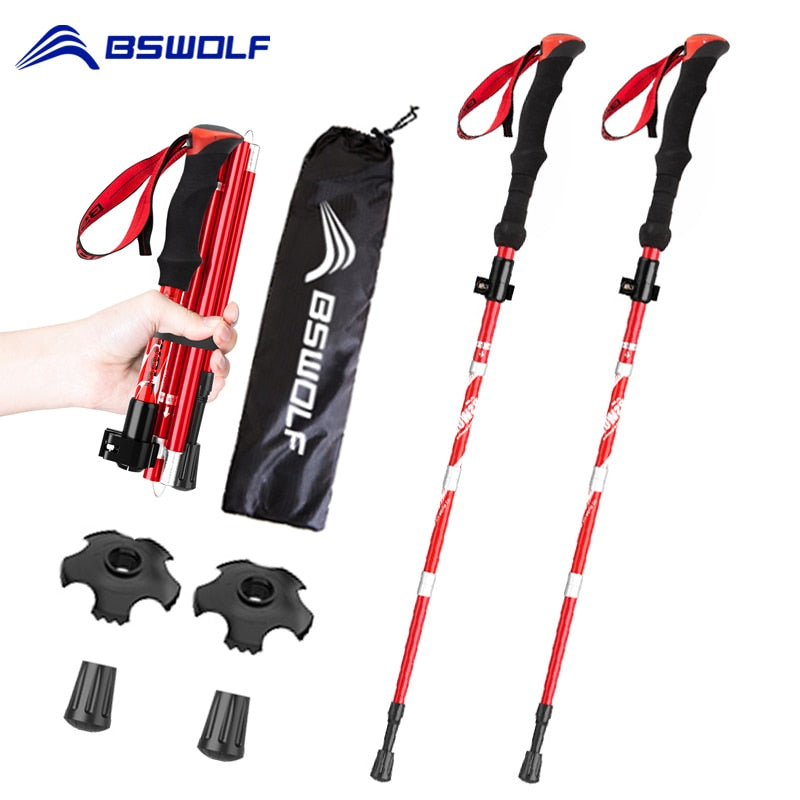 BSWOLF 2Pcs Foldable Walking Sticks Ultralight Camping Hiking Folding Trekking Poles Aluminum
