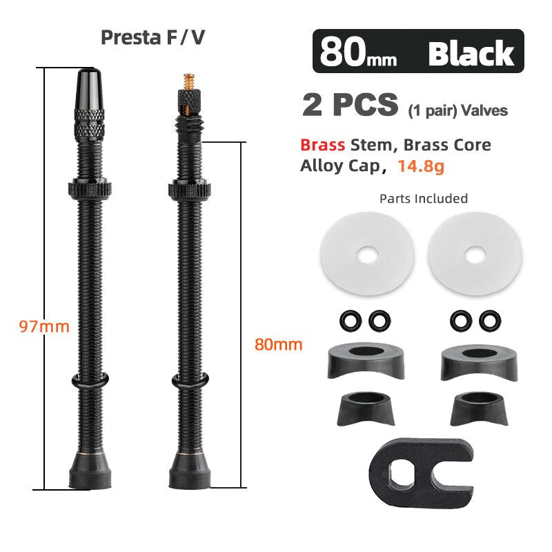 Bicycle 1Pair 80/100/120mm Presta Valve for Road Tubeless Rim Brass Core W/ Alloy Cap & Tool