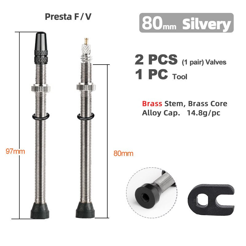 Bicycle 1Pair 80/100/120mm Presta Valve for Road Tubeless Rim Brass Core W/ Alloy Cap & Tool