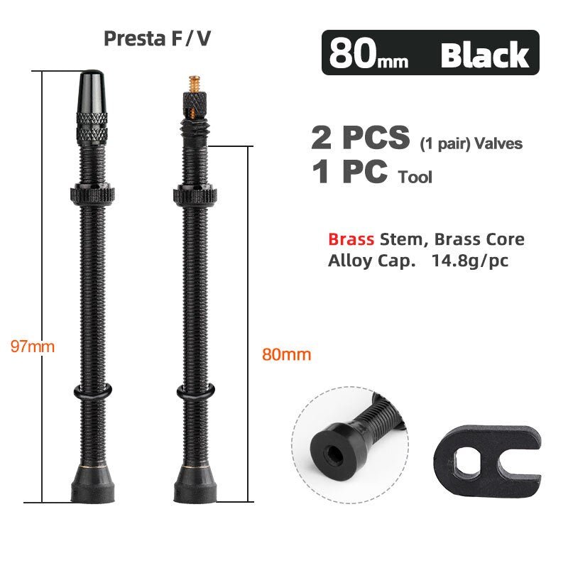 Bicycle 1Pair 80/100/120mm Presta Valve for Road Tubeless Rim Brass Core W/ Alloy Cap & Tool