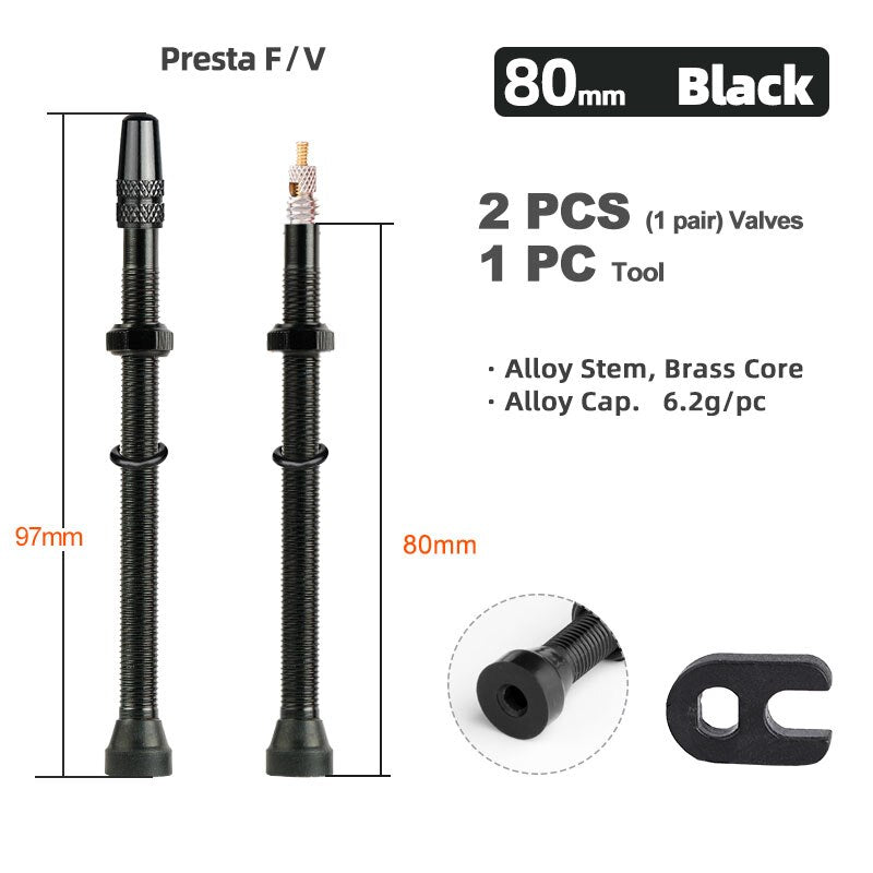 Bicycle 1Pair 80/100/120mm Presta Valve for Road Tubeless Rim Brass Core W/ Alloy Cap & Tool