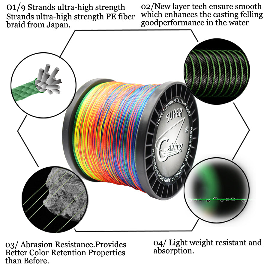Braided Fishing Line 9 Strands PE Multicolor Fishing Lines 300m 500m 1000m 1500m Strong Strength