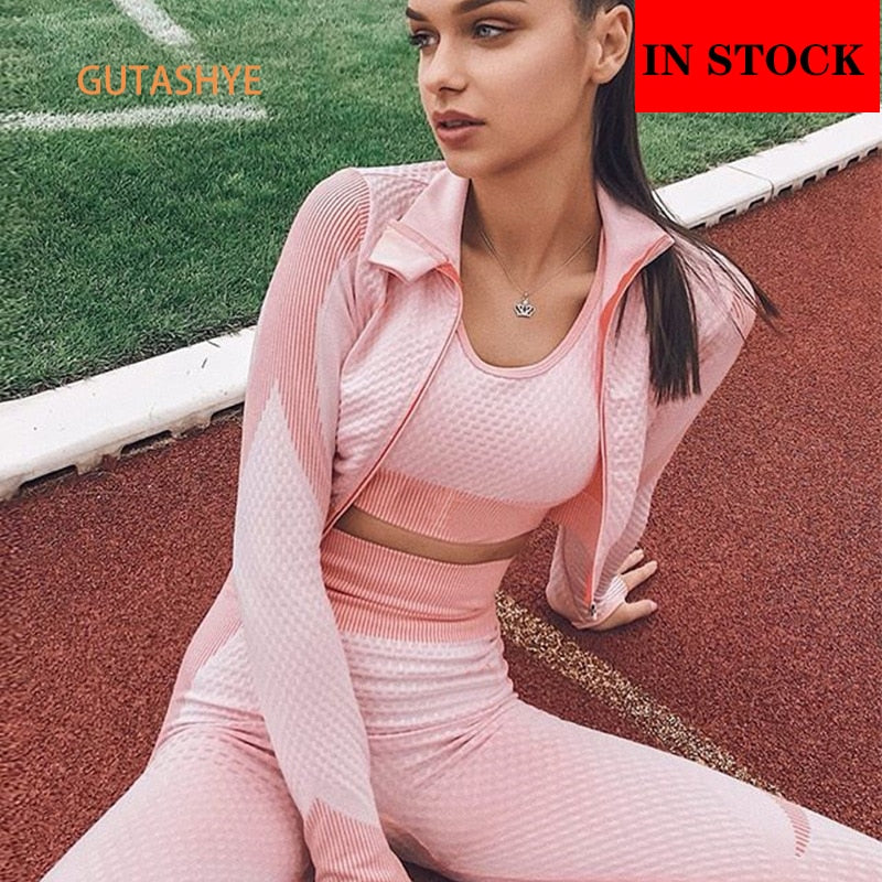 GUTASHYE Sport Suit Woman Seamless Running Tracksuit Sportswear Gym Crop Top Yoga Pant Fitness