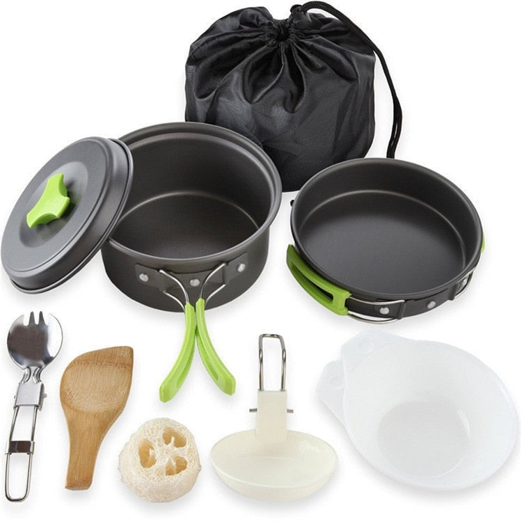 Portable Camping Tableware Cooking Set Outdoor Cookware Pan Pot Bowl Spoon Fork Utensils