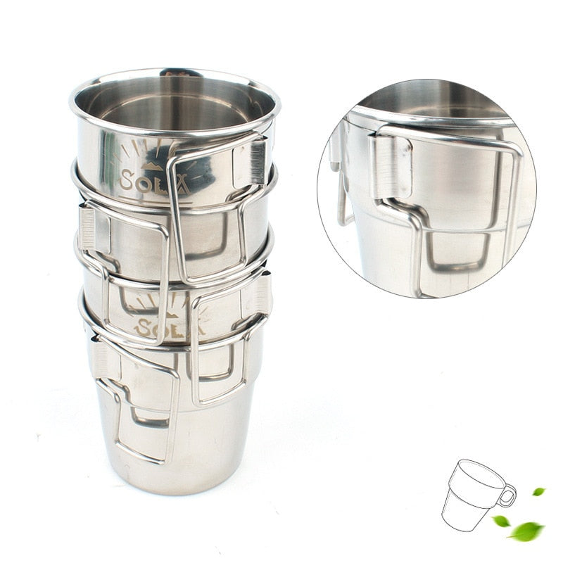 4pcs Outdoor Stainless Steel Cup Foldable Handle Cookware Water Bottle Camping