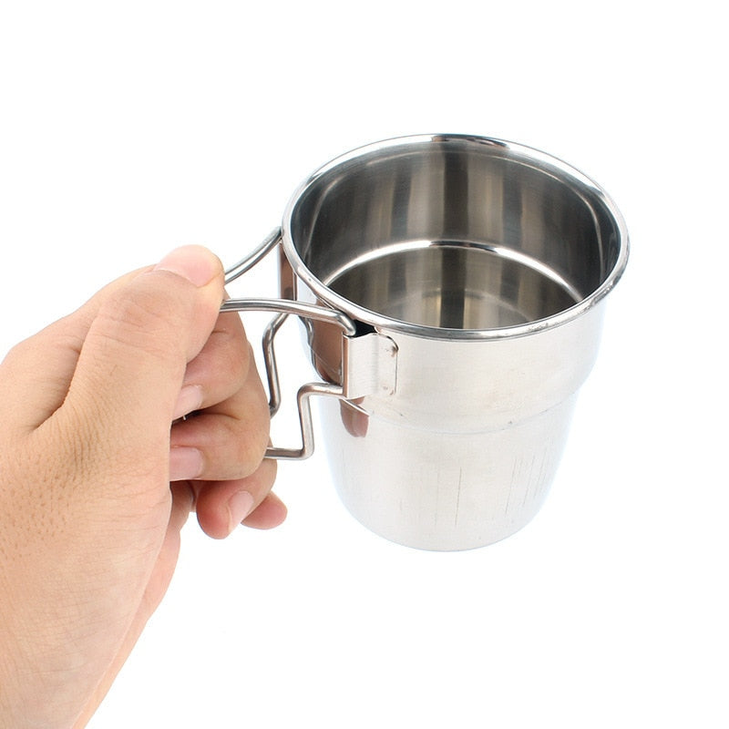 4pcs Outdoor Stainless Steel Cup Foldable Handle Cookware Water Bottle Camping