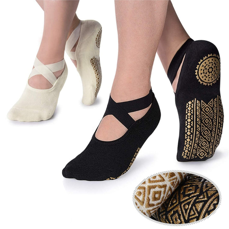 Yoga Socks for Women Non-Slip Grips & Straps, Bandage Cotton Sock