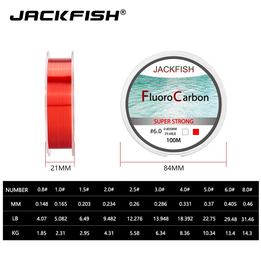 JACKFISH 100M Fluorocarbon Fishing Line  red/clear two colors 4-32LB Carbon Fiber Leader Line  fly
