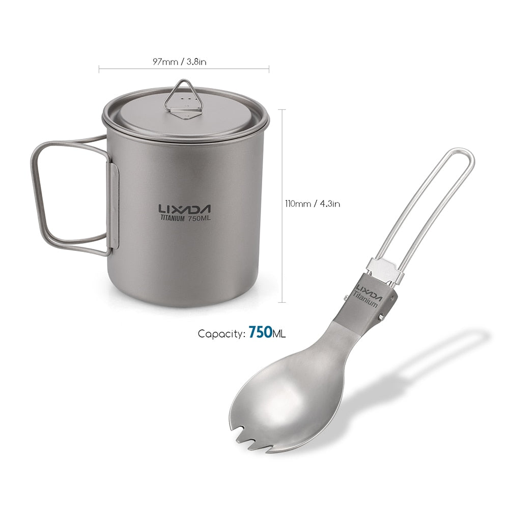 Lightweight Titanium Flatware Set Folding Spork Spoon Water Cup Mug Tableware Outdoor Cookware