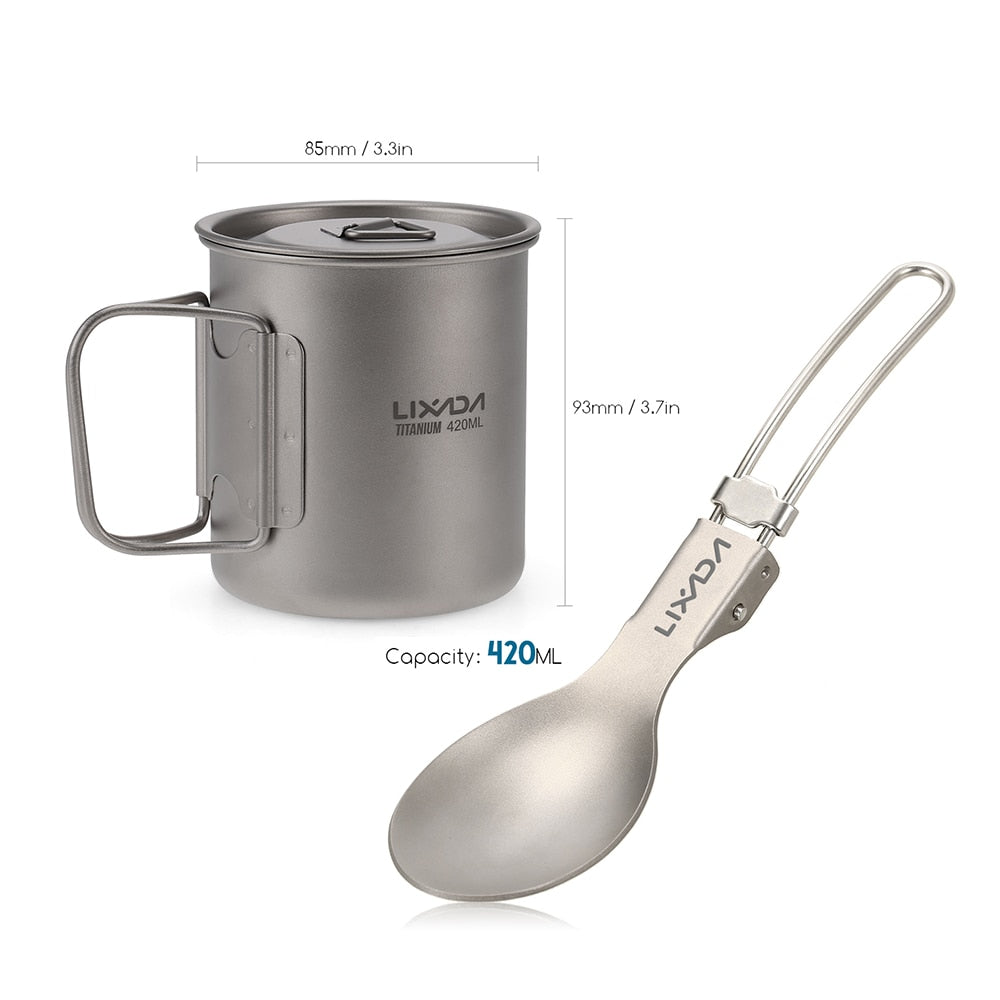 Lightweight Titanium Flatware Set Folding Spork Spoon Water Cup Mug Tableware Outdoor Cookware