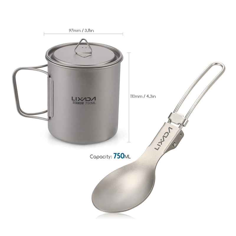 Lightweight Titanium Flatware Set Folding Spork Spoon Water Cup Mug Tableware Outdoor Cookware