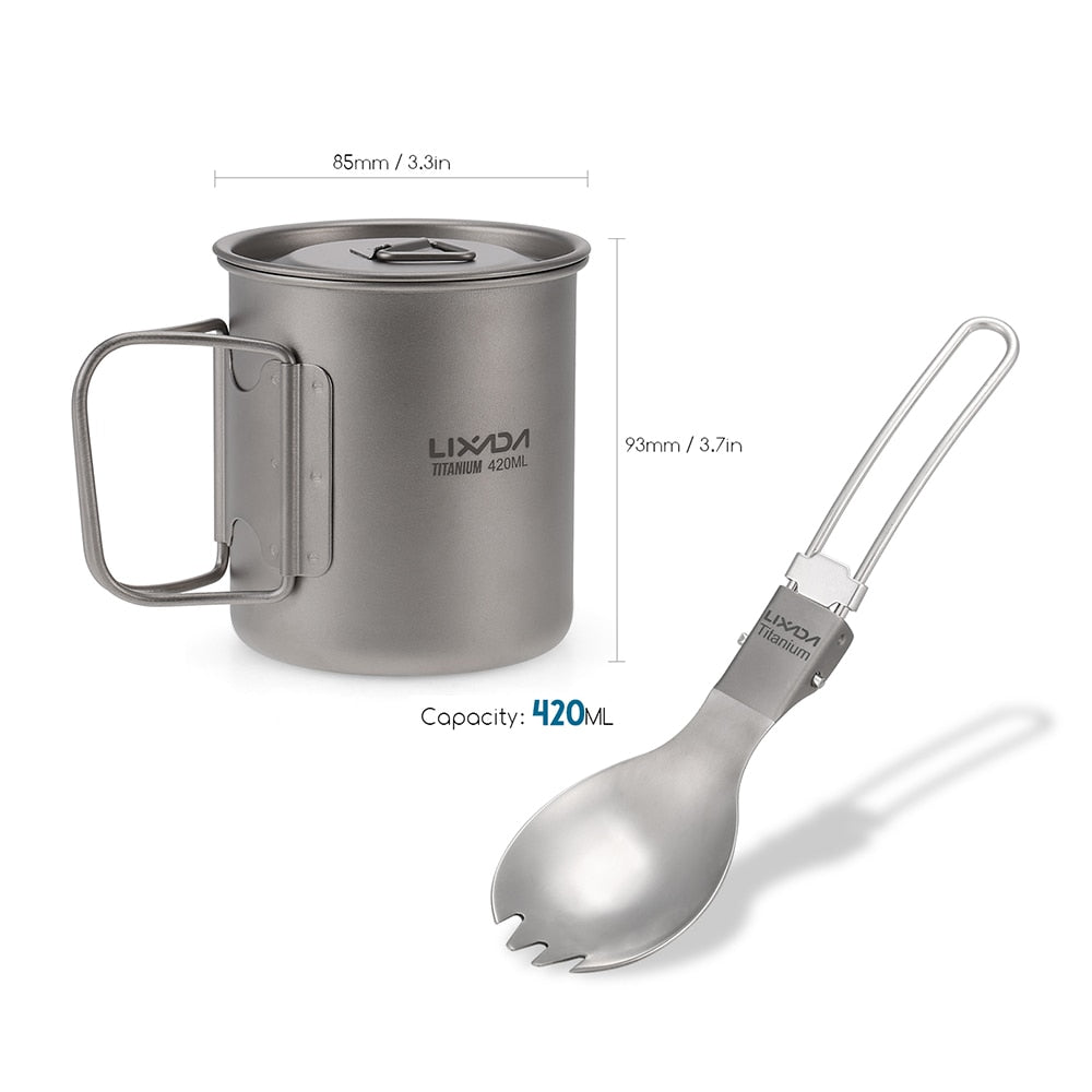 Lightweight Titanium Flatware Set Folding Spork Spoon Water Cup Mug Tableware Outdoor Cookware