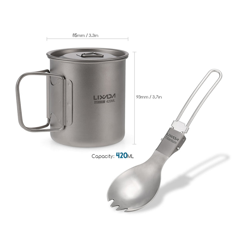 Lightweight Titanium Flatware Set Folding Spork Spoon Water Cup Mug Tableware Outdoor Cookware