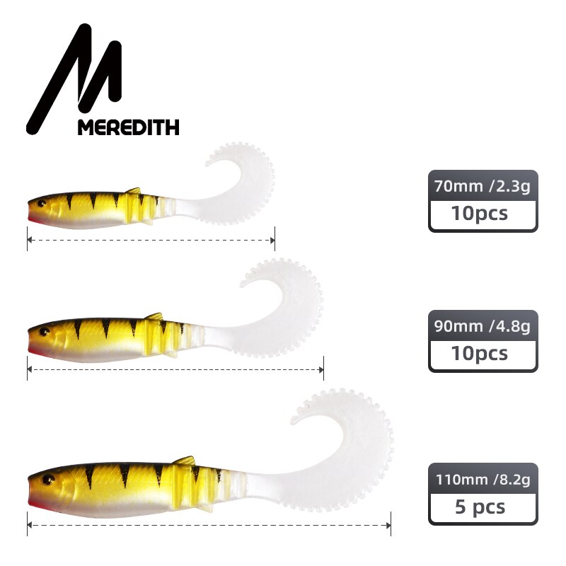 MEREDITH 70mm 90mm 110mm Cannibal Curved Tail Fishing Lures Artificial Wobblers Soft Baits Silicone Shad Worm Bass leurre souple