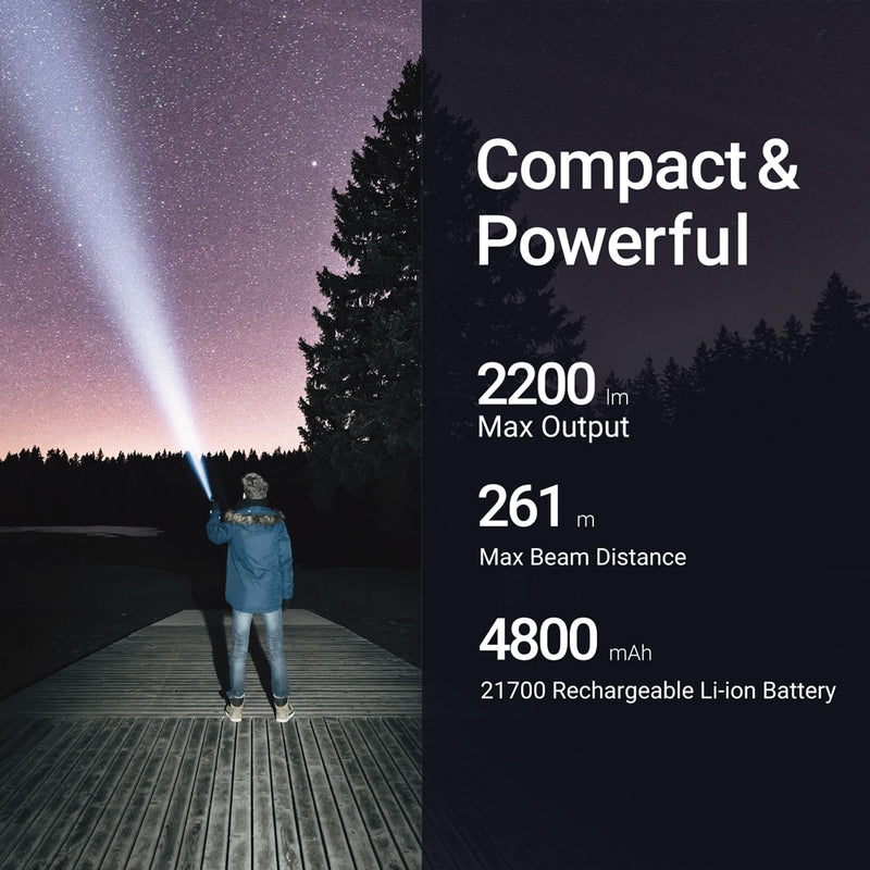 2200 Lumens Super Bright Rechargeable Led Flashlight Torch 21700 Battery USB Torch