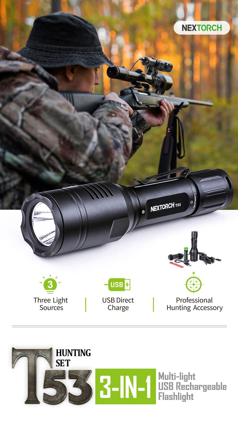 3-in-1 Multi Light Hunting Flashlight Set Rechargeable Torch T53