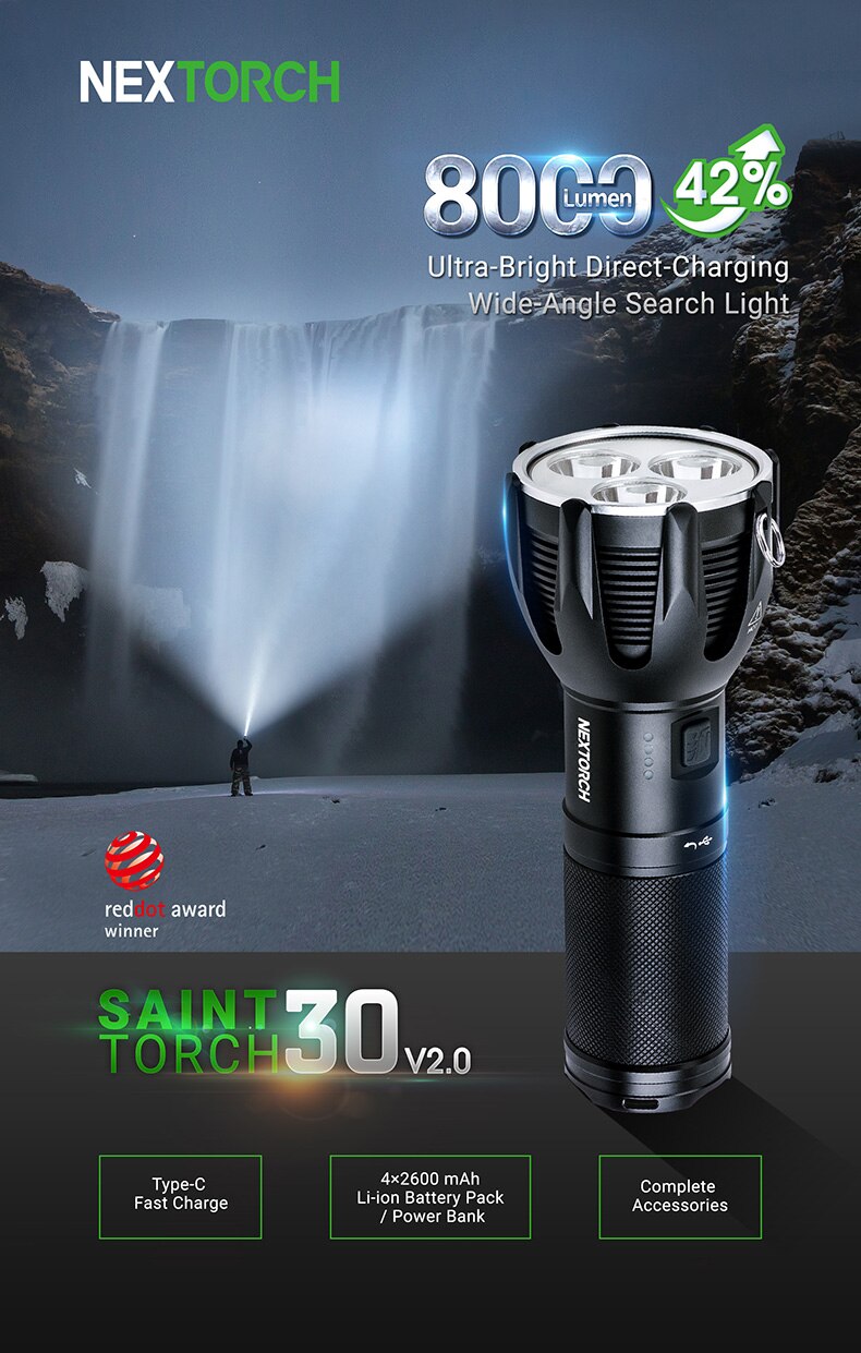 8000 Lumens Ultra Bright Search Torch USB Rechargeable High Output Handheld Torch ST 30 v2.0
