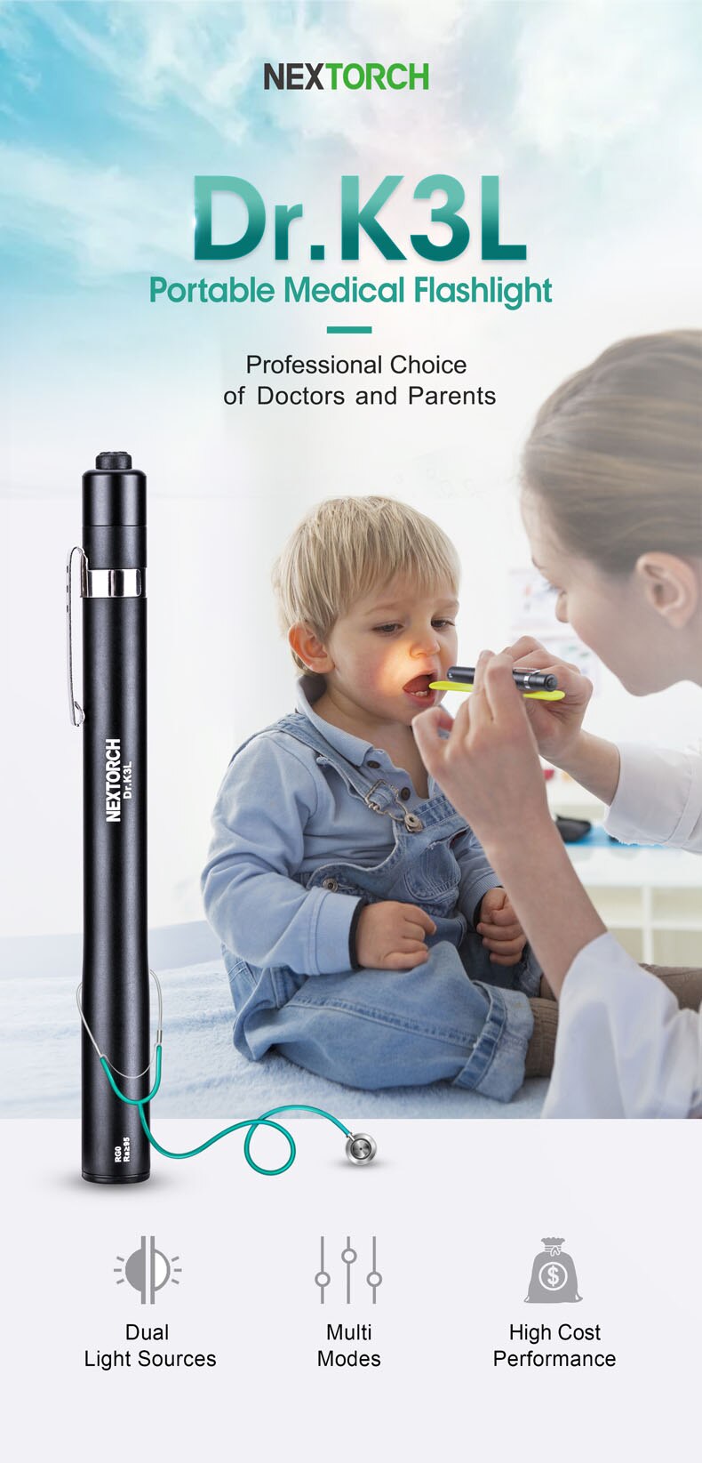 Professional Medical Pen Light Pen Size Body with Clip for Diagnose with AAA Battery K3L