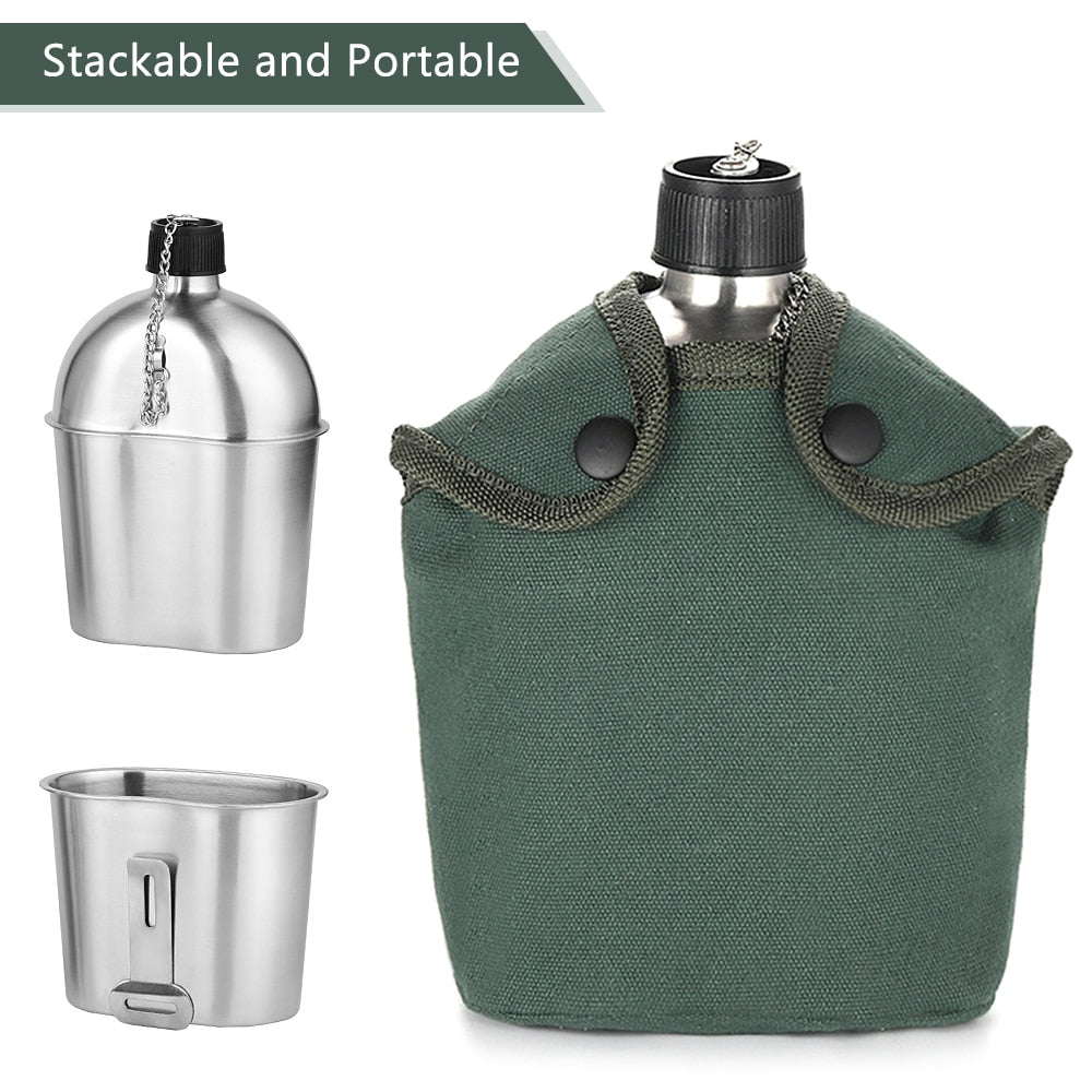 Outdoor 2in1 1000ml Stainless Steel Water Bottle 600ml Lunch Box Military Canteen Cup Set