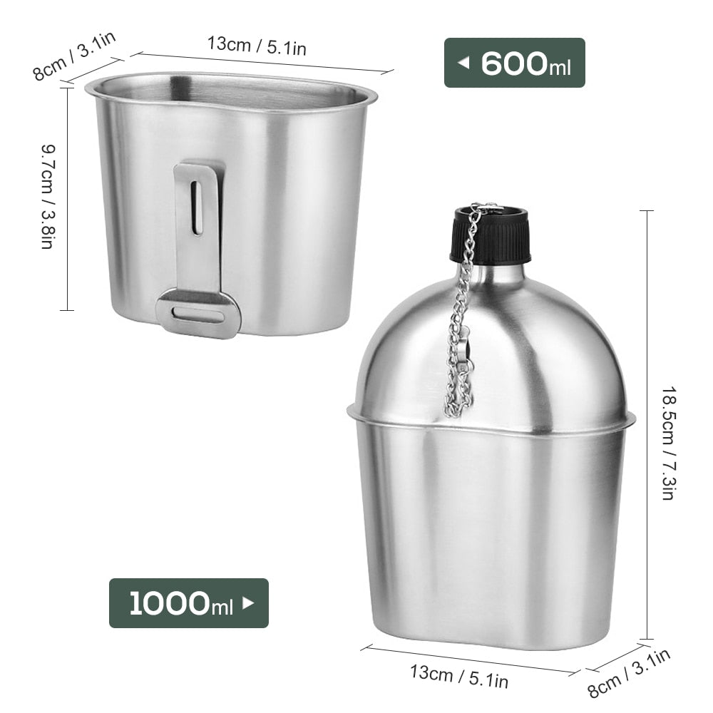 Outdoor 2in1 1000ml Stainless Steel Water Bottle 600ml Lunch Box Military Canteen Cup Set
