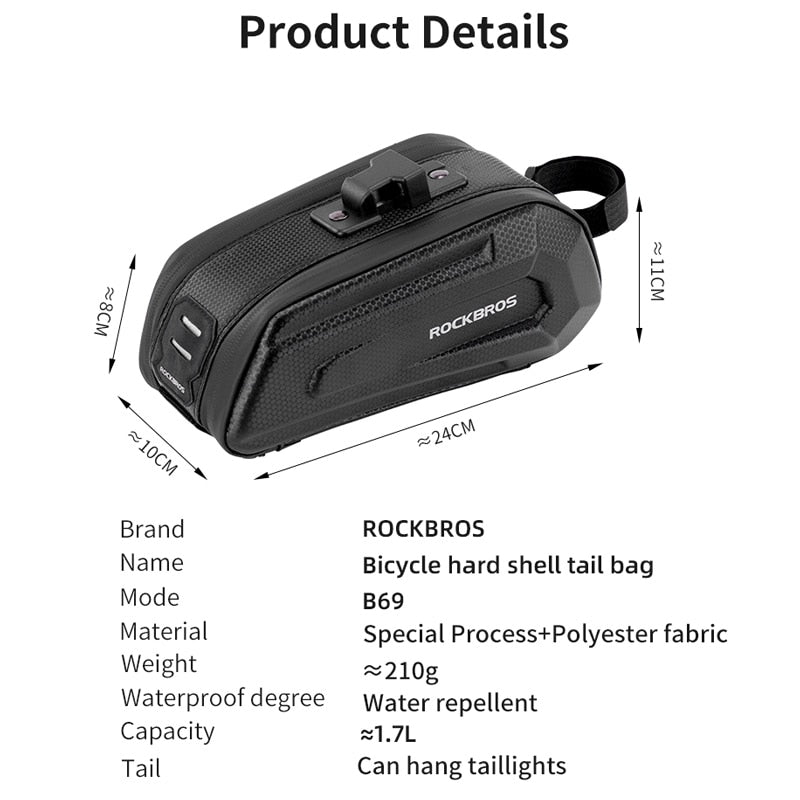 1.7L Bicycle Bag Waterproof Rear Large Capatity Quick Release Seatpost Shockproof Double Zipper Rear