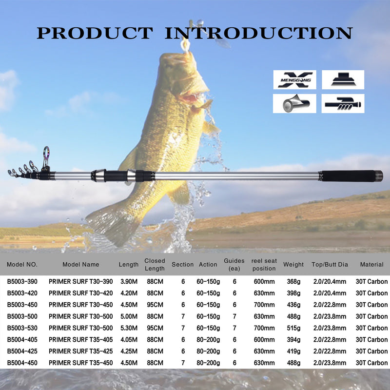 Surf Rod 5.3/5.0/4.5/4.2/4.05/3.9m Telescopic Fishing Travel Spinning Power 60-200g