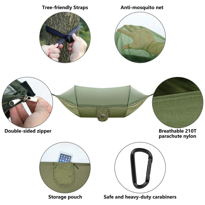 Camping Hammock with Mosquito Net Pop-Up Light Portable Outdoor Parachute Hammocks