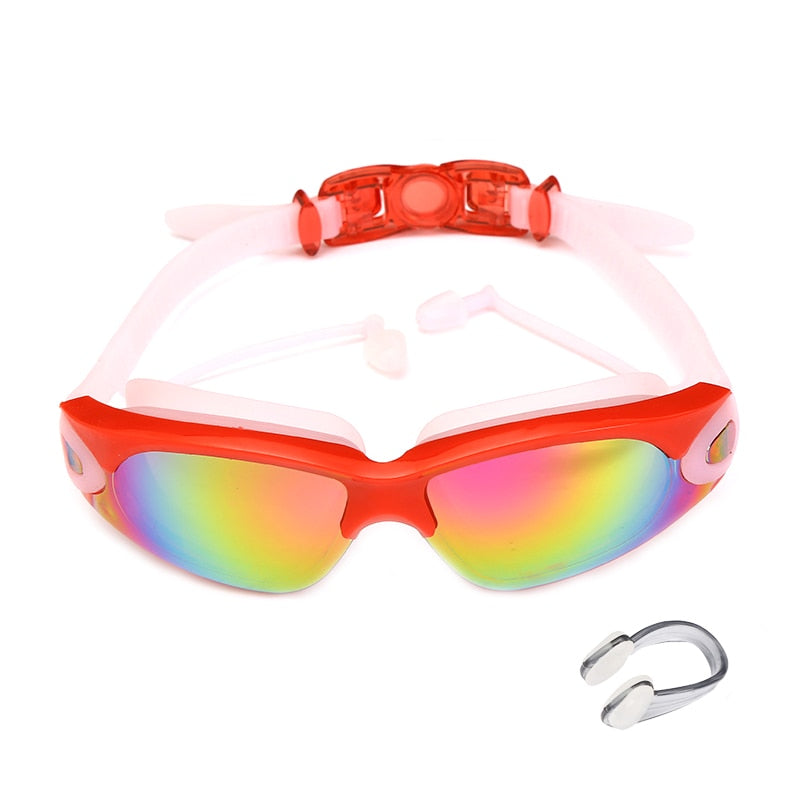 Swimming Goggles Swimming Glasses with Earplugs Nose Clip Electroplate Waterproof Silicone