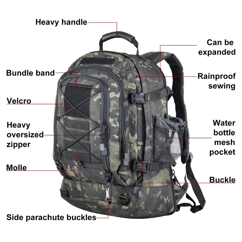 60L Military Tactical Backpack Army Molle Assault Rucksack 3P Outdoor Travel Hiking Rucksacks