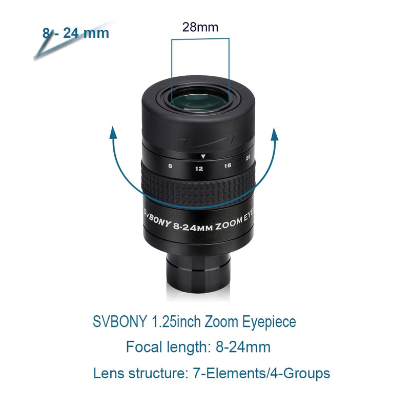 1.25" Zoom Telescope Eyepiece 7-21mm, 8-24mm, 10-30mm Full Metal Barrel and Broadband Multicoating