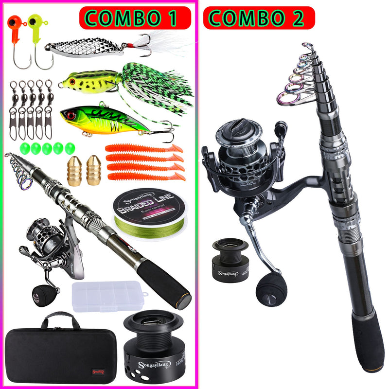 Telescopic Fishing Rod and Spinning Reel Full Kit - Travel Fishing Set with  Baits, Hooks, and Line