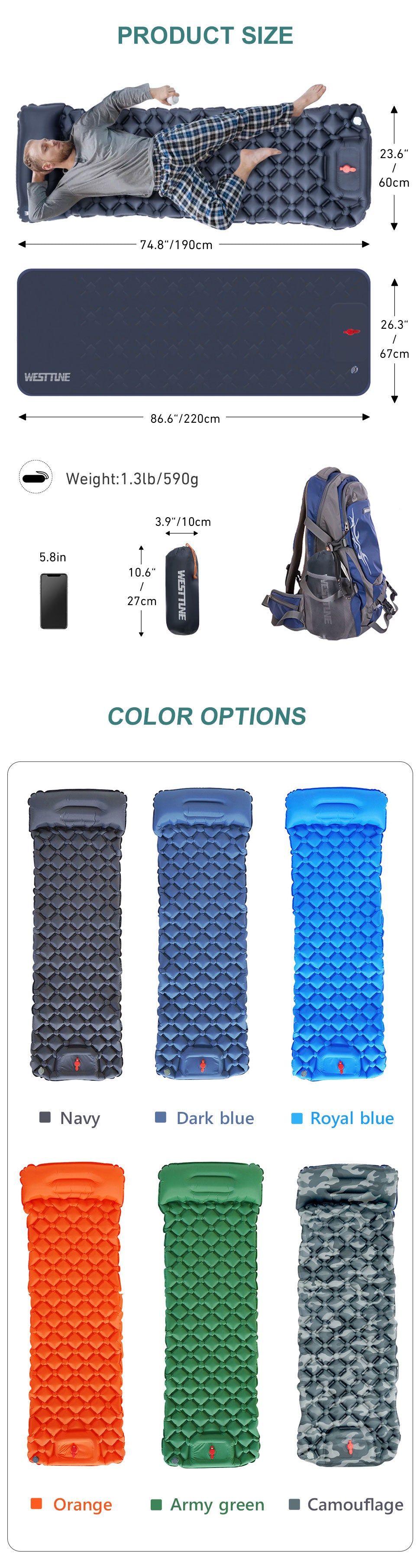 Outdoor Sleeping Pad Camping Inflatable Mattress Built-in Pump Ultralight Air Cushion Travel Mat