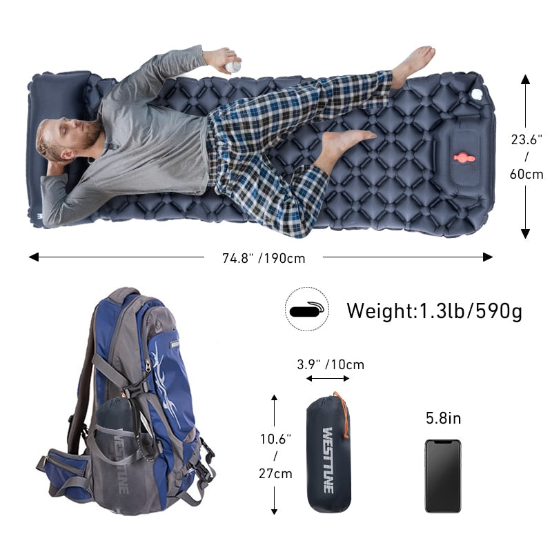 Outdoor Sleeping Pad Camping Inflatable Mattress Built-in Pump Ultralight Air Cushion Travel Mat