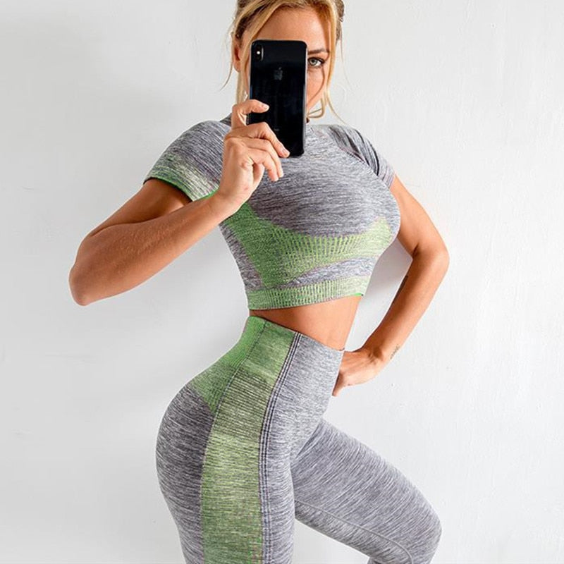 Seamless Rib Yoga Set Sport Outfits Women Two 2 Piece Dry Fit Tight Long Sleeve Crop top+Leggings