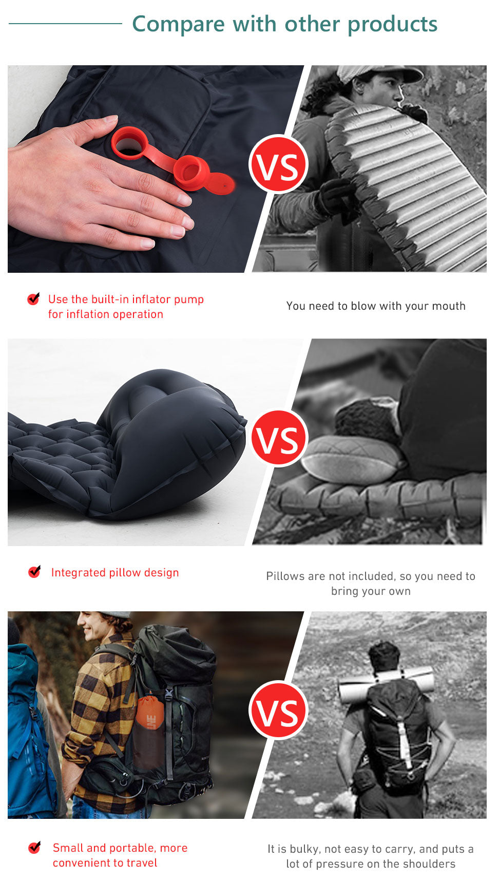 Outdoor Sleeping Pad Camping Inflatable Mattress Built-in Pump Ultralight Air Cushion Travel Mat