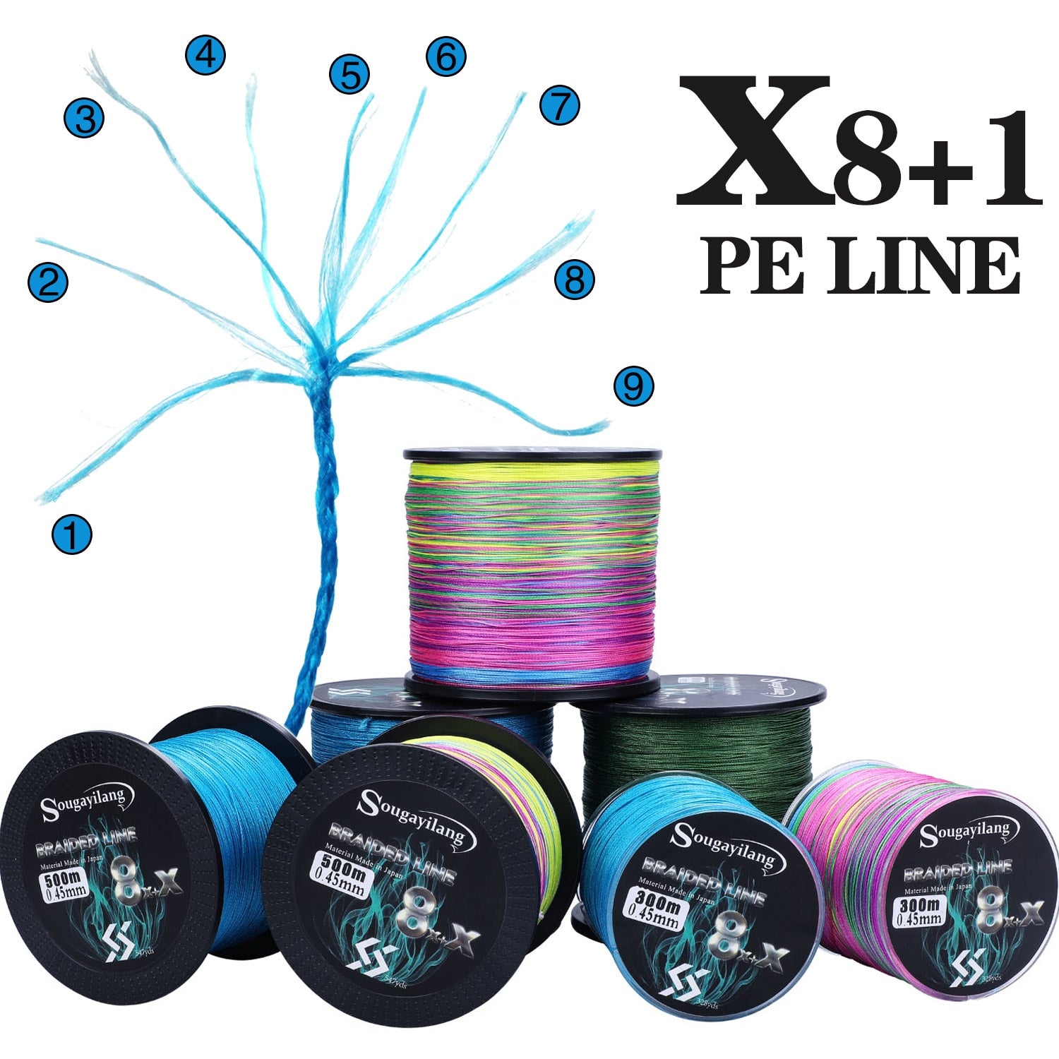 Sougayilang New 9 Strands Strong PE Fishing Line 300M 500M 1000M  Strong Abrasion Resistance