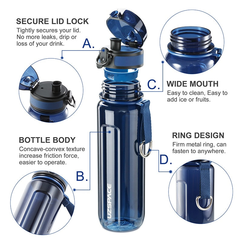 Water Bottle 500/1000ml Portable Leakproof Shaker Drinking Bottle Eco Friendly