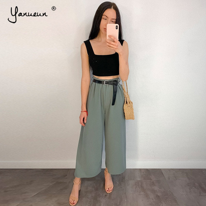 Yanueun Spring Summer Hot Sale Solid Wide Leg Pants Loose Pants Bow Ankle Length Pants Women's