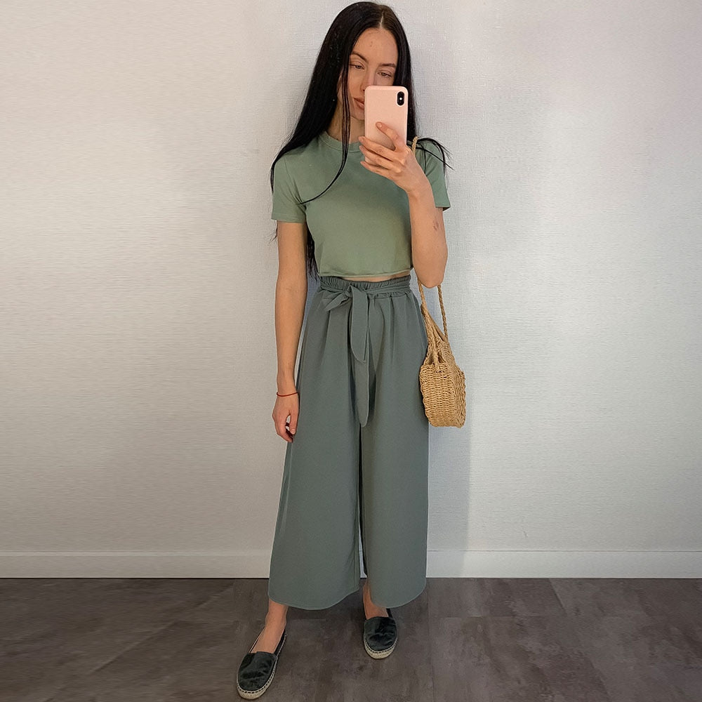 Yanueun Spring Summer Hot Sale Solid Wide Leg Pants Loose Pants Bow Ankle Length Pants Women's